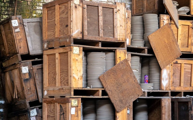 Guacales de madera apilados en un taller de embalaje